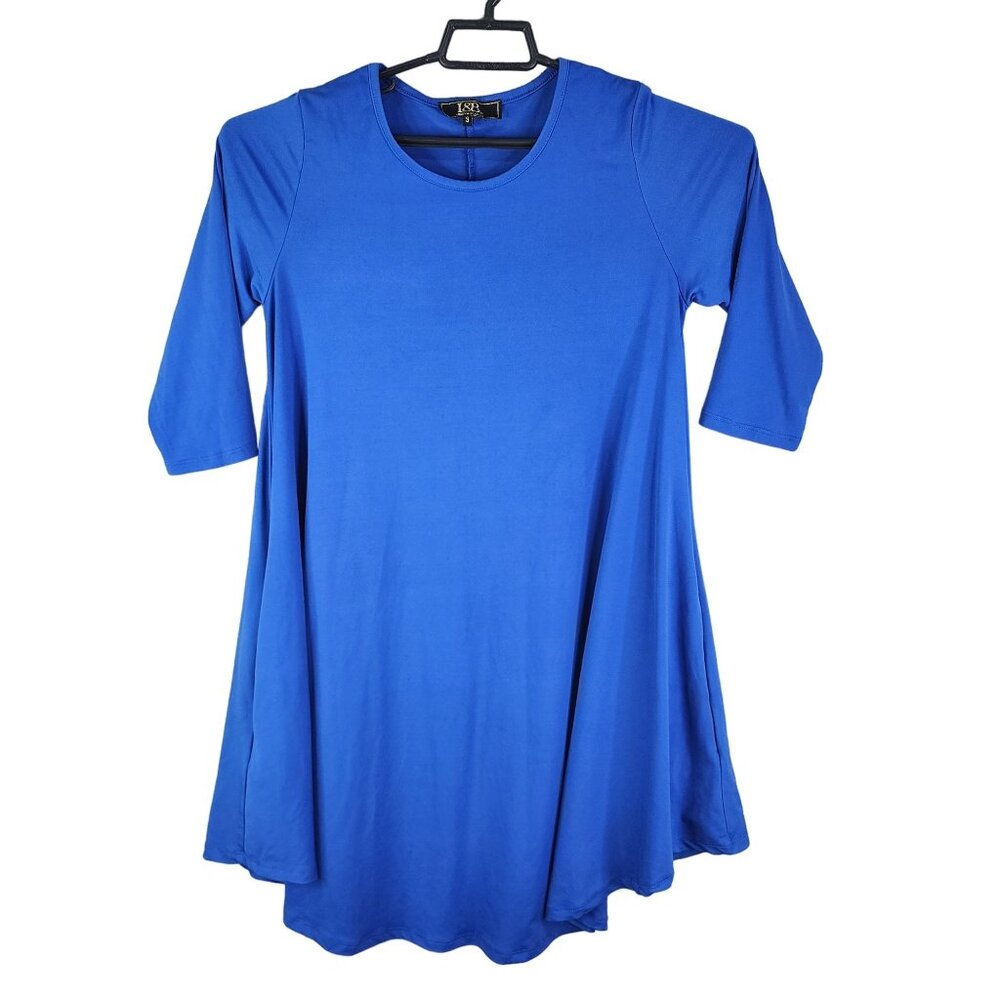 Women's L&B Lucky & Blessed Blue A-Line Dress 3/4 Sleeve Round Neck Size S